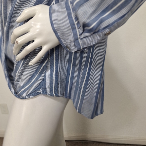Vintage America Blue White Front Twist Western Casual Roll Tab Sleeve Blouse XL - Picture 7 of 13